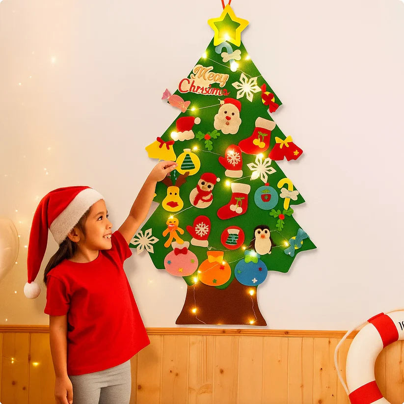 FieltroLuz™ – Árbol navideño Montessori con luces y adornos reutilizables